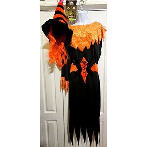 Rubie's Witch Costume Orange Black Dress Hat Wig Teeth Halloween Women's XL